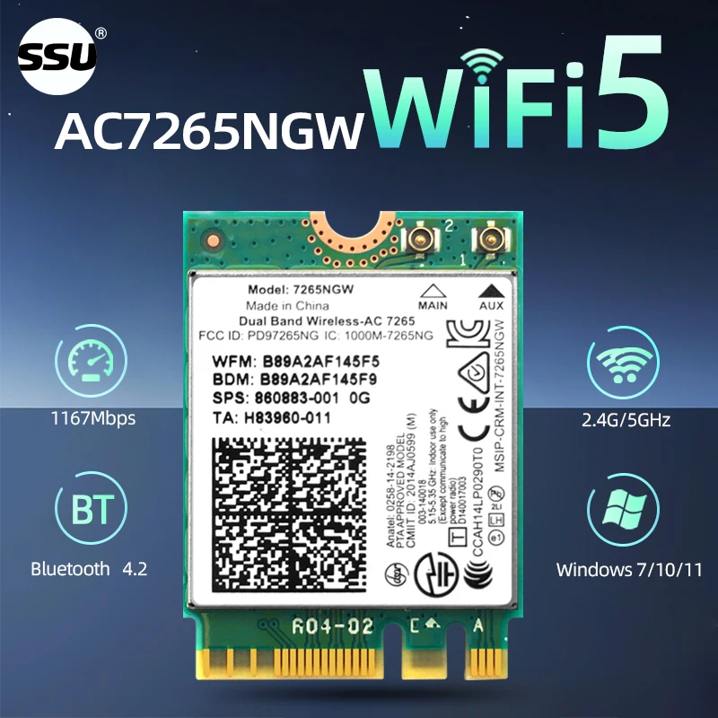 

Laptop AC7265 wireless network card 1200Mbps Bluetooth 4.2 built-in M.2 dual band 2.4G/5G adapter suitable for Windows 7/10/11