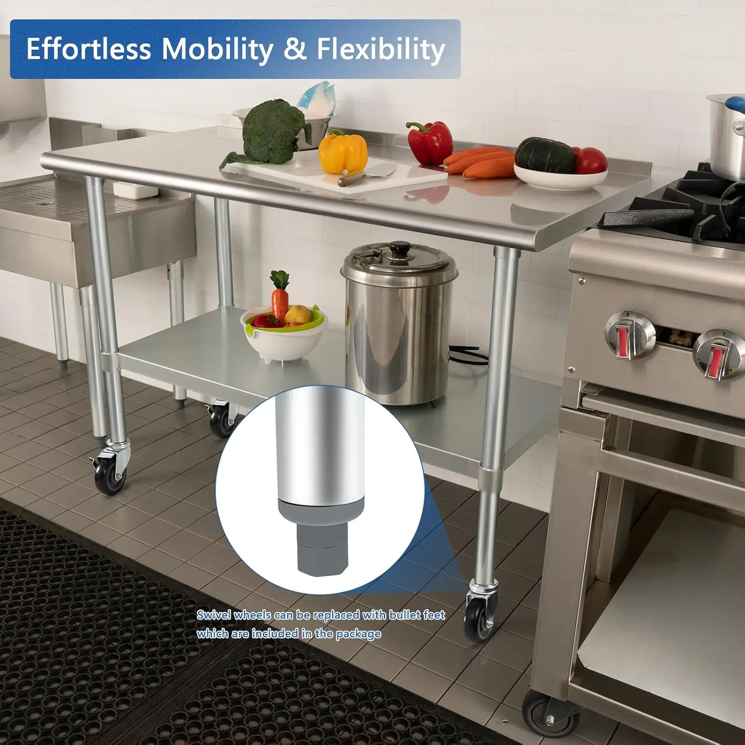 Stainless Steel Table 24 x 48 Inches with Wheels Casters NSF Heavy Duty Commercial Prep Table with 2” Backsplash and Adjustable