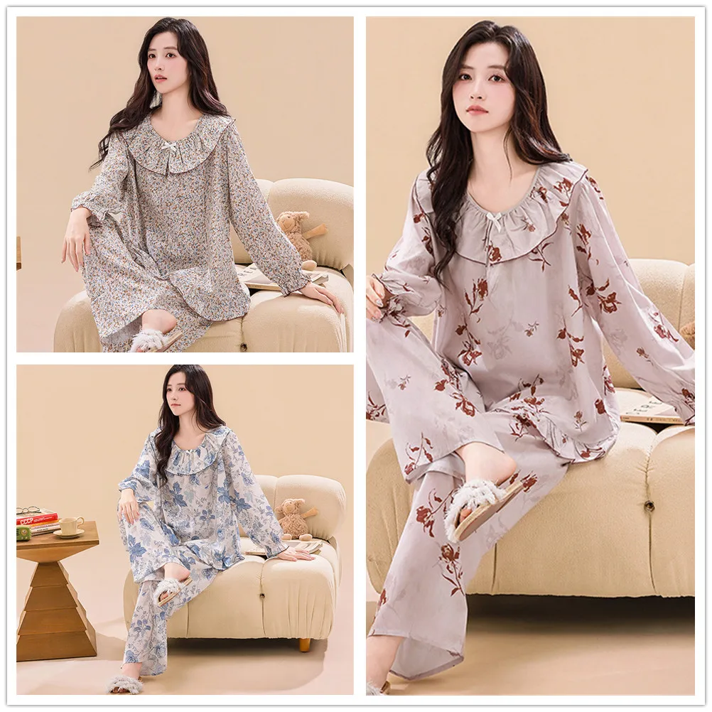 Summer Doll Collar Women's Pajama Set Long Sleeve Pullover Pants Two Piece Home Clothes Ladies Viscose Sleepwear