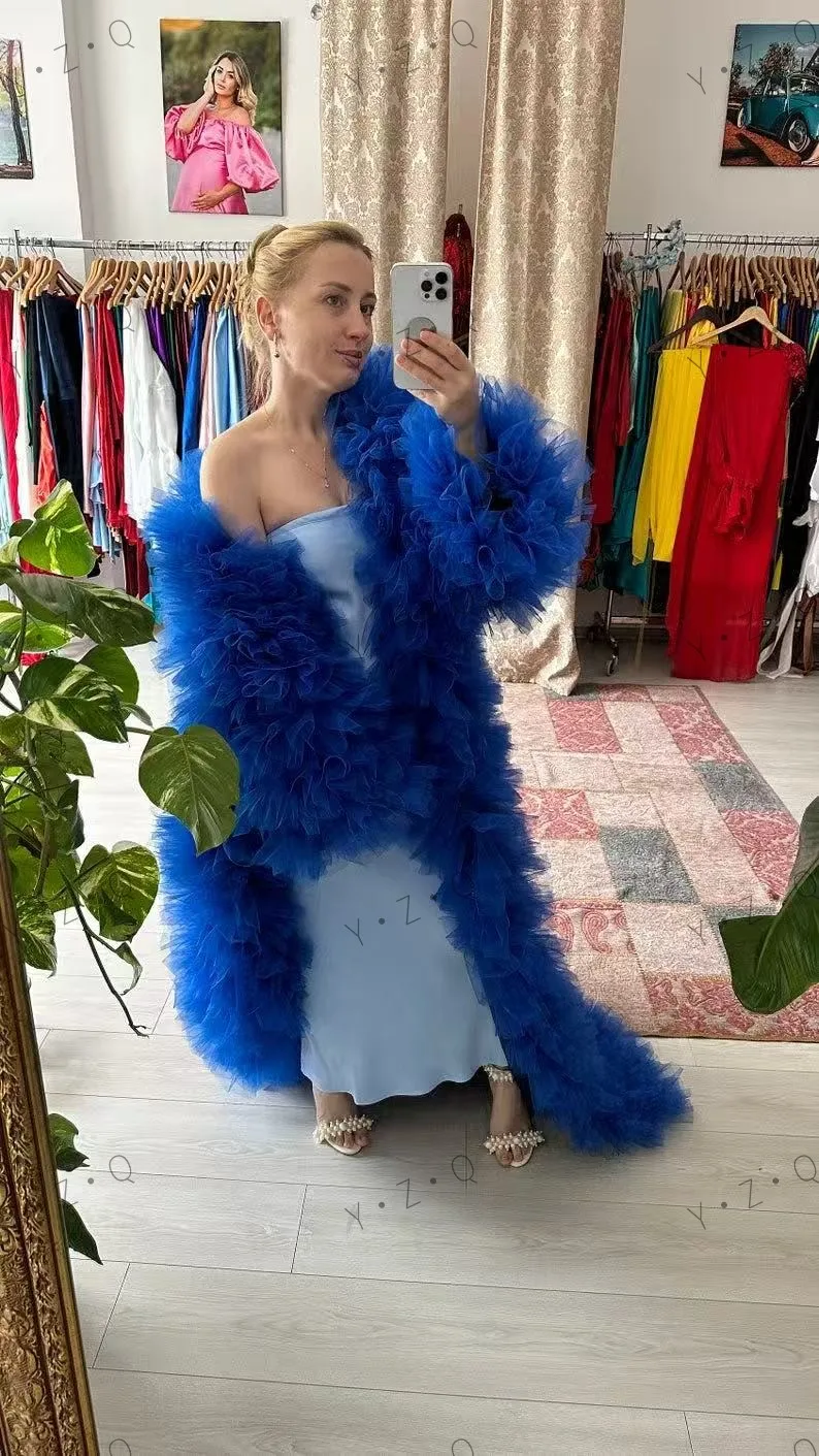 Fofo babados em camadas tule casaco feminino roupa frente aberta longo robe azul real tule longo jaqueta feminina mangas completas maxi vestido