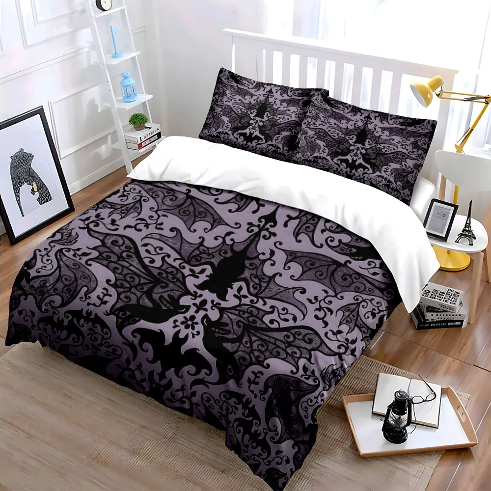 Bat Pattern Purple Vintage Background Pattern Duvet Cover Set Digital Print Colorful Polyester Bedding with Zipper Closur