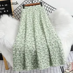 Floral Skirts Women Summer Prairie Chic High Waist Temperament Midi Loose Casual Korean Style Sweet A-line Streetwear Aesthetic