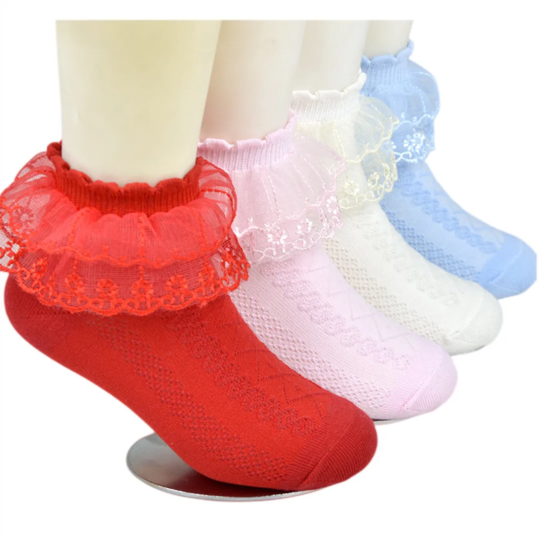 Kids Socks White Pink Blue Yellow Red Blue Lace Breathable Absorbing Sweat Socks Girls School Socks Party Dressing Cute Sock