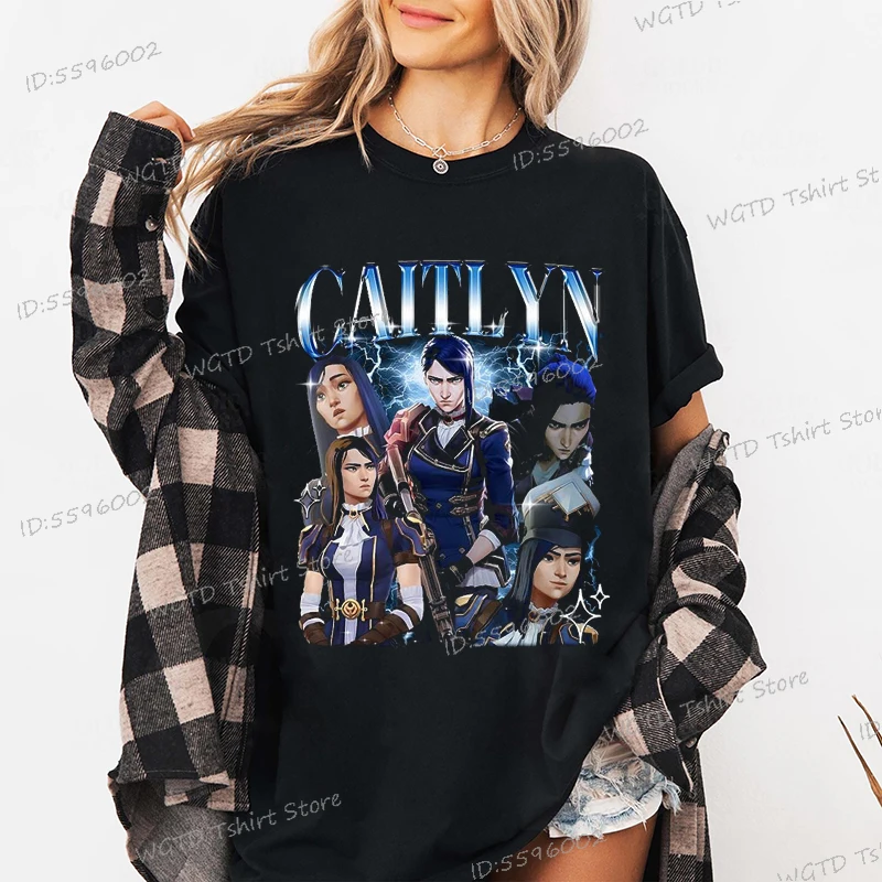 Caitlyn Arcane T-shirts League of Legends Anime Lol Tshirts Short Sleeve Clothing Cotton Oversized Anime Clothes men Streetwear