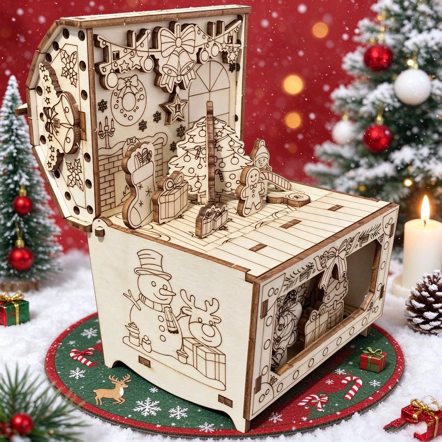 DIY Wooden Christmas Treasure Box Rotating， Pop-up Santa Xmas Scene, Tabletop Christmas Decor Gift