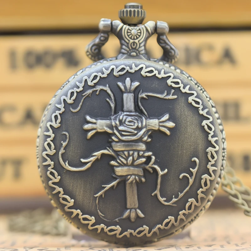 Reloj de bolsillo de cuarzo cruzado grande para estudiantes, accesorio Vintage de bronce, con relieve de concha de almeja, encaje, Rosa esmerilada, envuelto en vid