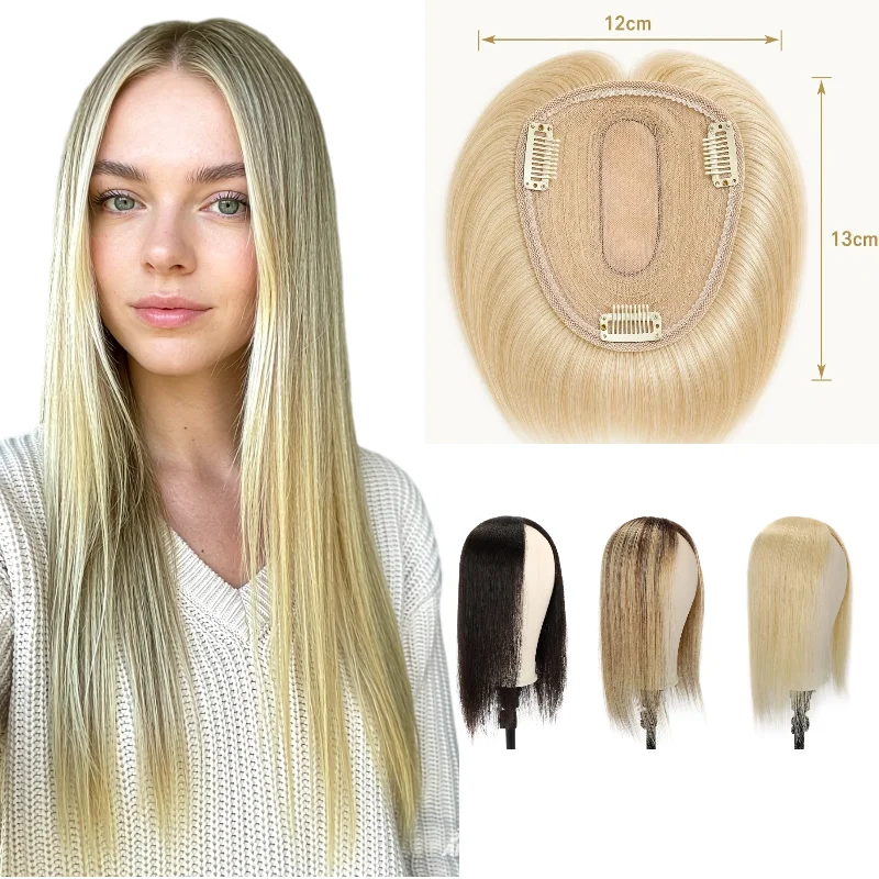 Hairpiece Real Human Hair Silk Lace Base Clip In 12x13cm 30cm Middle Part Machine Made Remy Hair #1001 #18 Value Sale