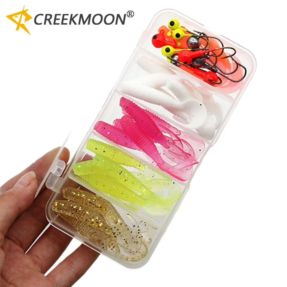 34pcs Soft Fishing Lure Set Silicone Bait 9pcs 1/3g Metal Jig Head Hook with Box 25pcs Artificial Baits Fishing Tackle Accessory