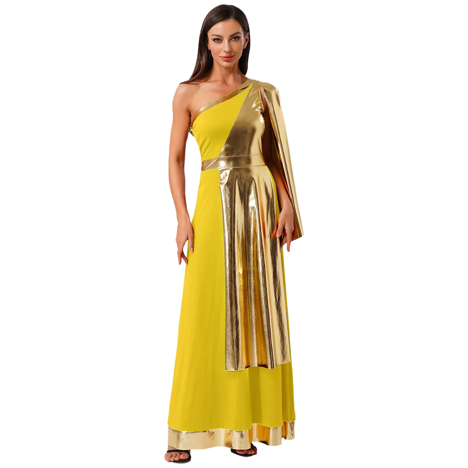 

Womens Ancient Greek Roman Beauty Cosplay Dress Sleeveless Metallic Shiny Layer Goddess Dress-up Toga Dress Halloween Costume