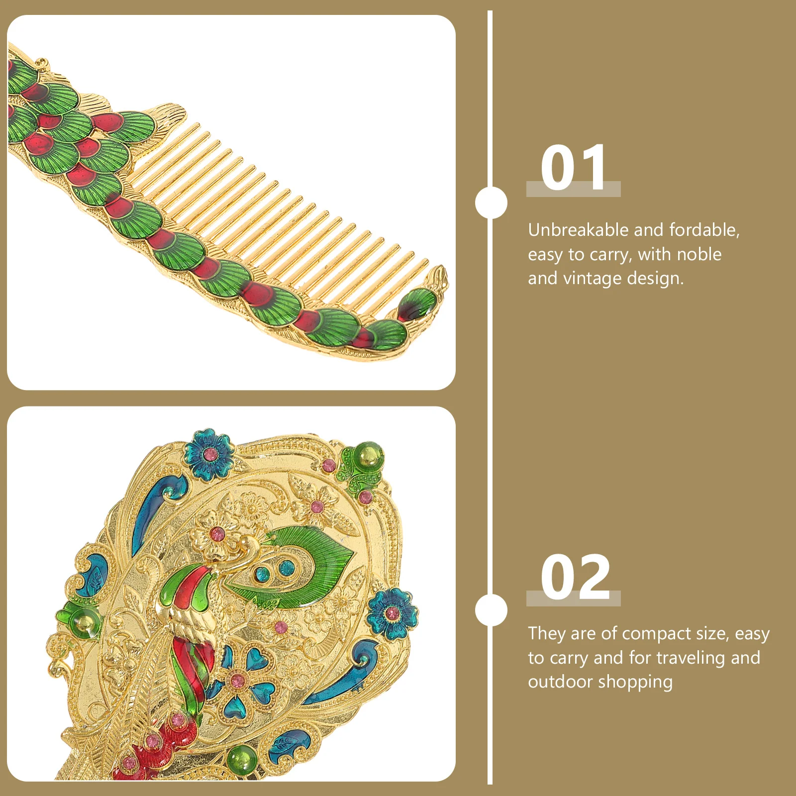 กระจกแต่งหน้าโลหะวินเทจ 2 ชิ้น ชุดกระจกหวีแบบพกพา สไตล์เรโทร อุปกรณ์เสริมสำหรับการเดินทาง โรงเรียน และฟิตเนส