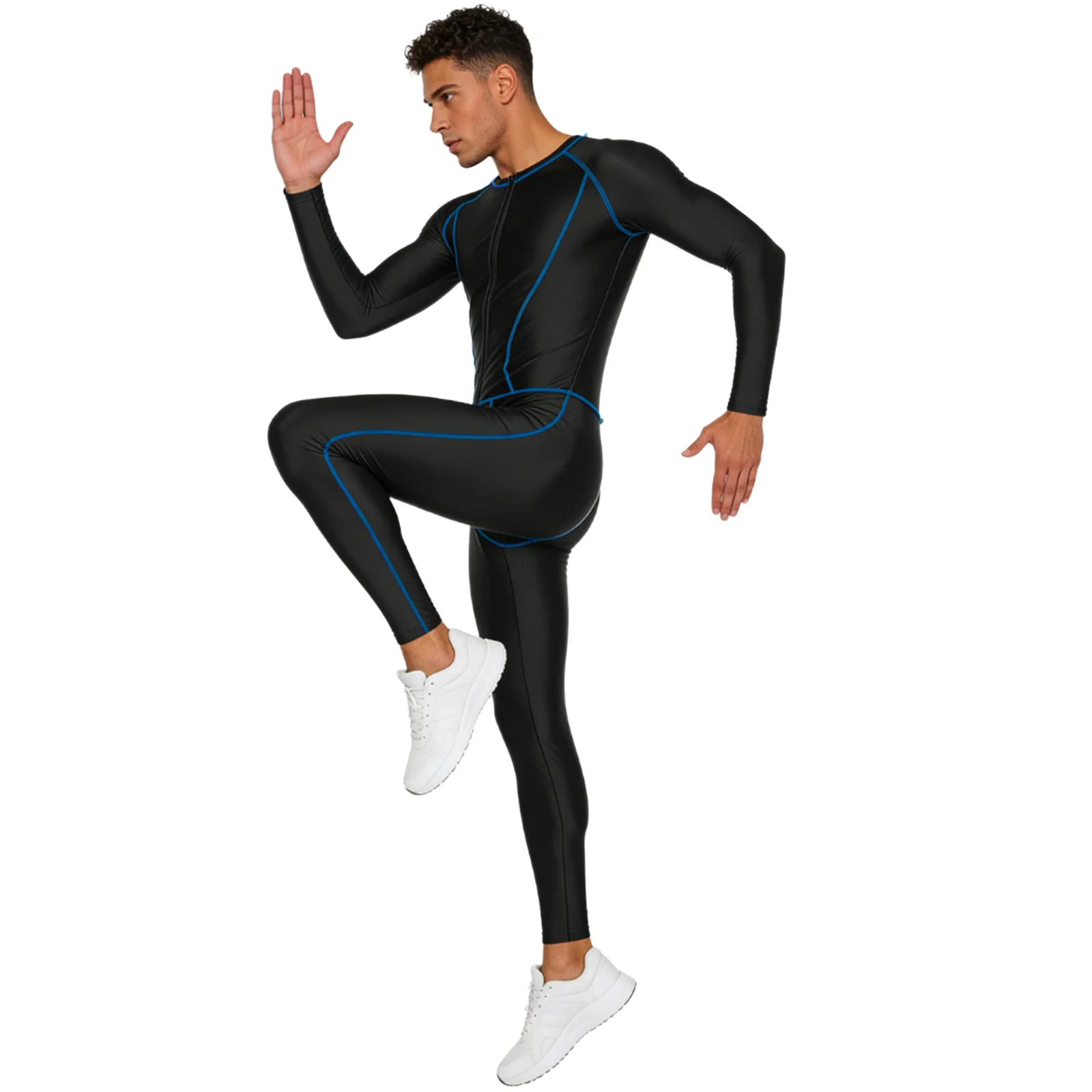 

Adults for Man Full Body Jumpsuit Swimsuit Outer Flat Seams Front Zip Glossy Slim Long Pants Compression Rompers Yoga Bodysuit