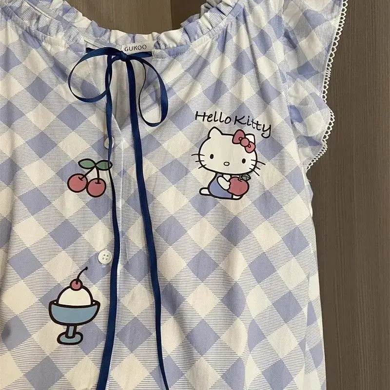 

Hot Girl Home Dress Blue French Sweet Hello Kitty Printed Plaid Women's Summer Style Can Be Worn As A Comfortable Sleeping Skirt