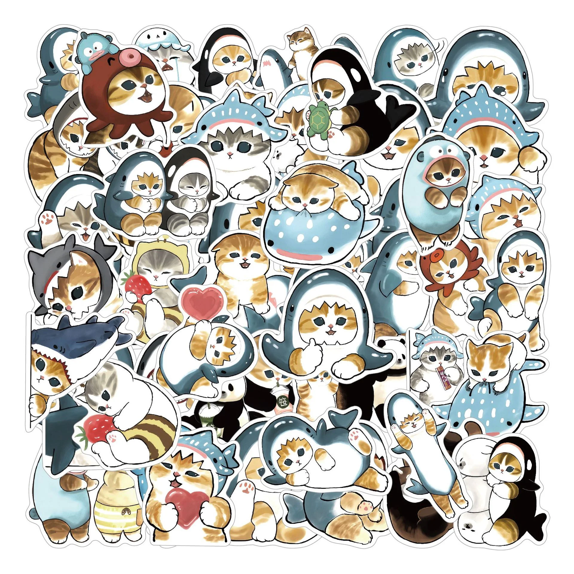 50PCS Cute Shark Hooded Fun Cat Stickers Decals Decoration Suitcase Scrapbooking Laptop Phone Stationery Toy Gift