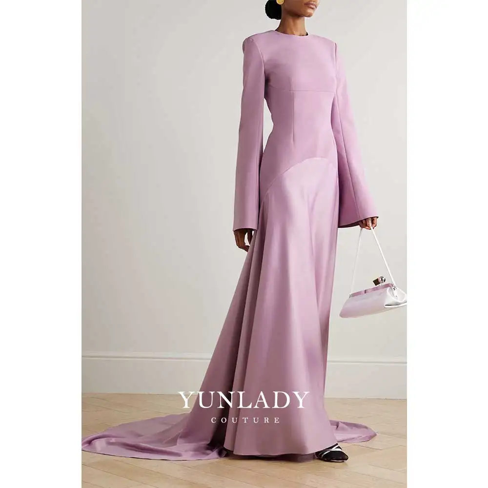 YUNLAN Gorgeous Dubai Women's Purple Mermaid Satin Evening Gown 2025 Saudi Arabia Wedding Party Guest Bell Sleeve Dress