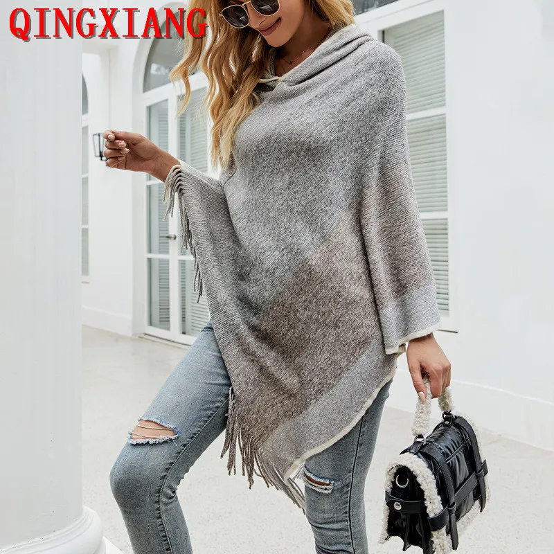 6 Colors Women Triangle Long Pullover Striped Loose Sweater With Hat Autumn Shawl Cloak Knitted Poncho Tassel Streetwear