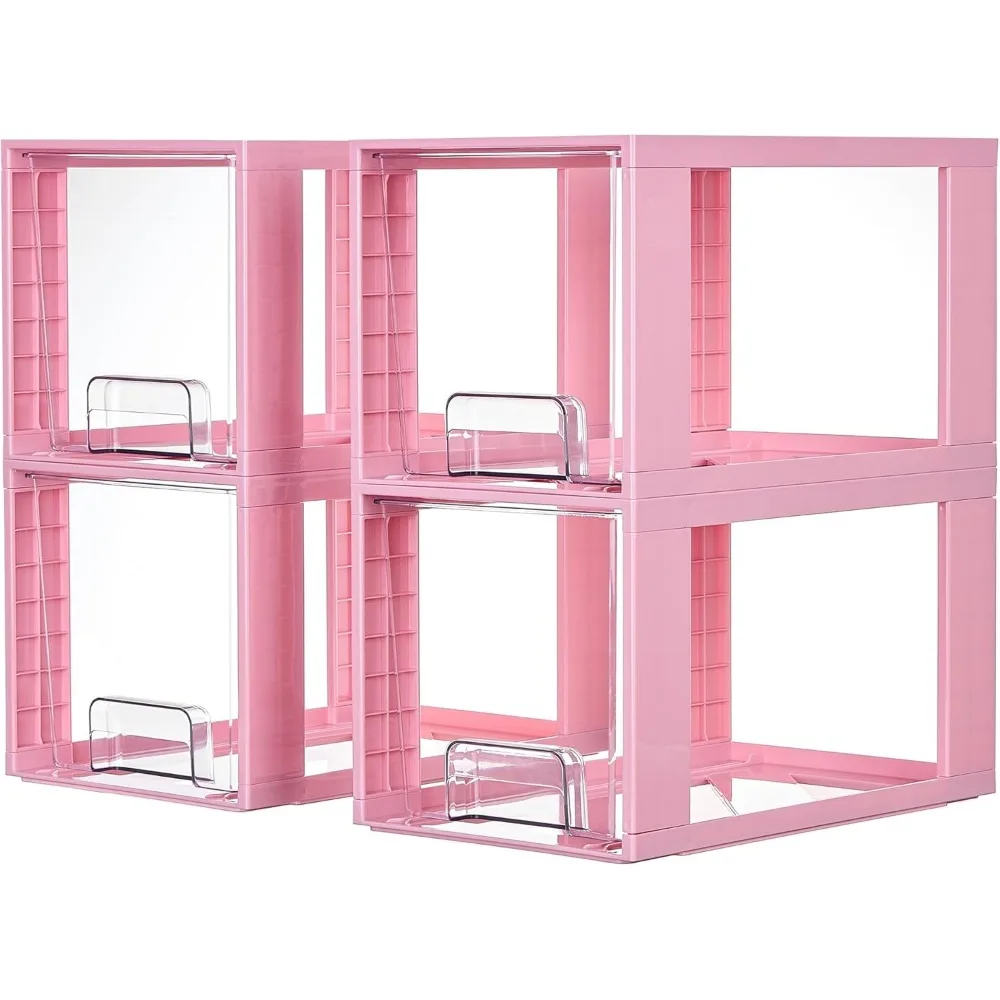 4 Pack Large Stackable Storage Drawers Pink Easy Assembly Acrylic Organizer for Bathroom Closet Kitchen Pantry Makeup Medicine