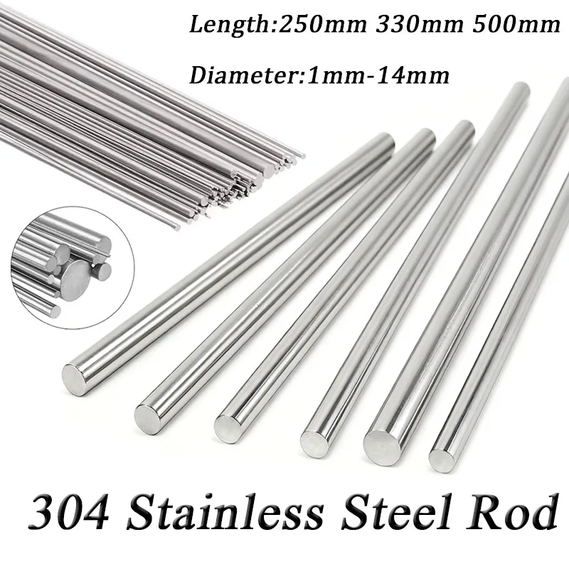 1/5 Stuks 304 Roestvrij Stalen Staaf Diameter 1 Mm-14 Mm Lineaire As Metrische Ronde Staaf Grond staaf 250 Mm 330 Mm 500 Mm Lange Diy Craft Tool