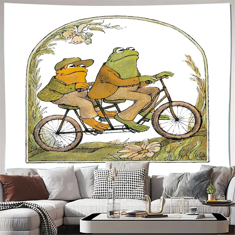 Vintage Frog Bicycle Tapestry Forest Animal Nature Wall Hanging Room Decor Home Decor Aesthetic Cottagecore Art Wallcovering