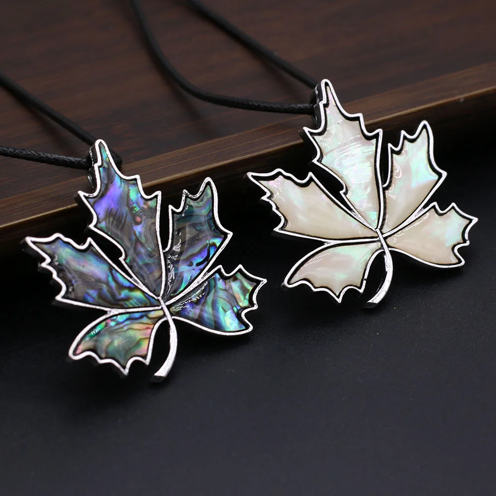 Natural Abalone Shell Pendant Necklace Vintage Maple Leaf Shape Alloy Brooch Necklace With Leather Rope Charm Jewelry For Women