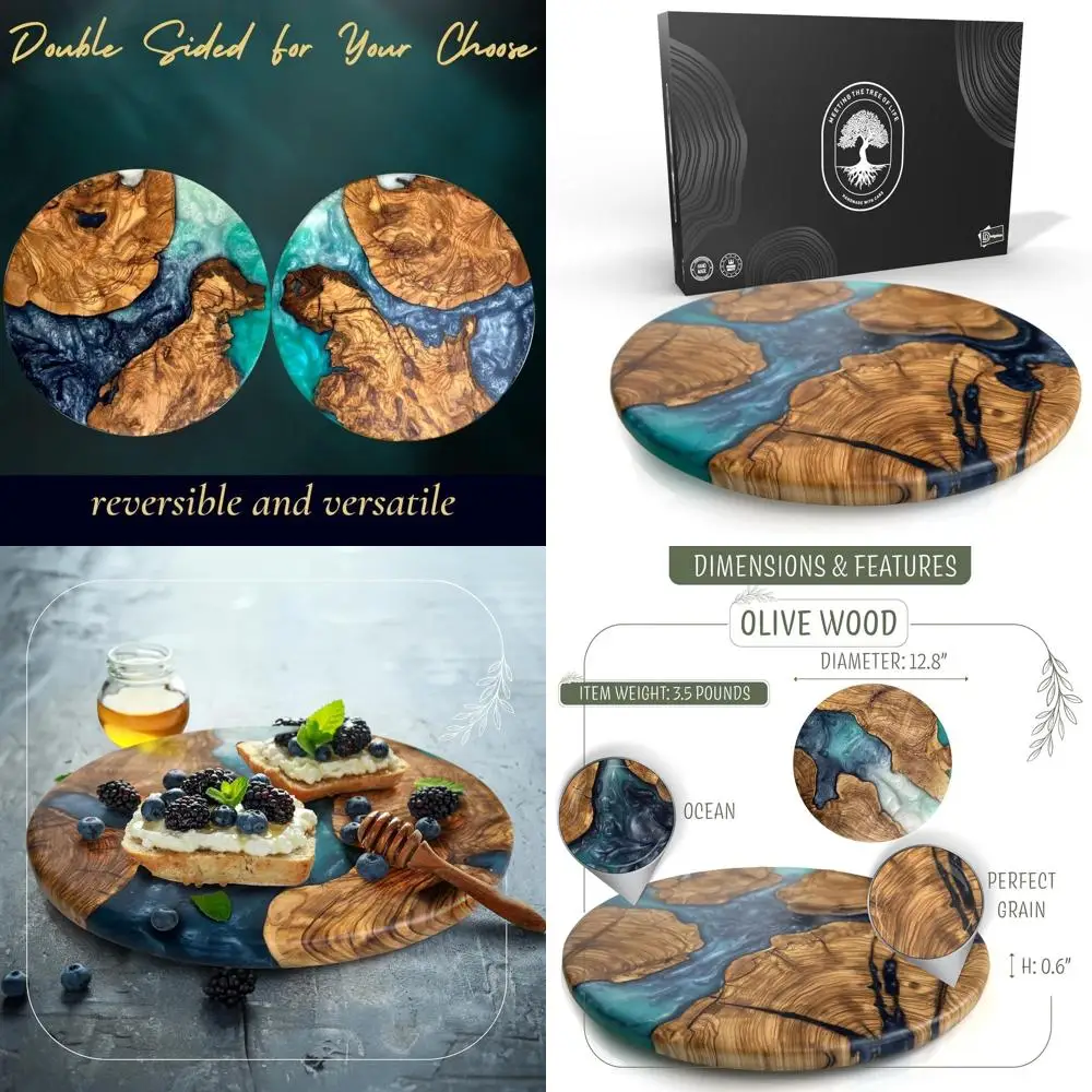 Tabla redonda de charcutería de madera de olivo con resina oceánica, tabla de cortar de cocina recubierta de epoxi, tabla Circular para servir queso