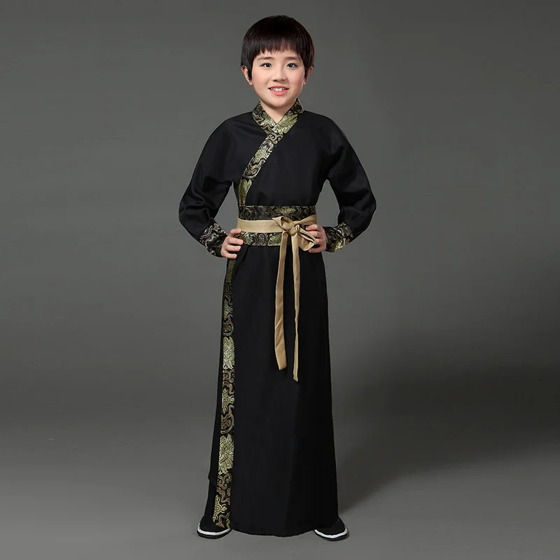 Fato chinês de seda infantil, conjunto hanfu, quimono para meninos, tradicional chinês, étnico vintage, dança do guerreiro, conjunto hanfu