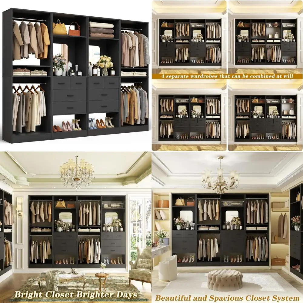 8.3-Foot Large Walk-In Closet Organizer with Drawers, Hanging Rods, and Mirrored Design