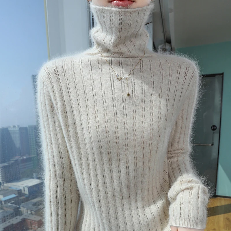 Pull en cachemire de vison pour femme, col haut, tricoté, mode, ajouré, Base chaude, chemise ample, revers épais, automne hiver 100%