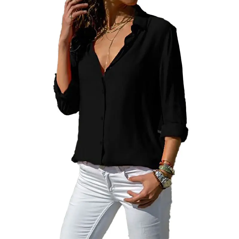 2025 Spring New Amazon Cross-border Women's Clothing Temperament Elegant Fashion Solid Color Long-sleeved Loose Top