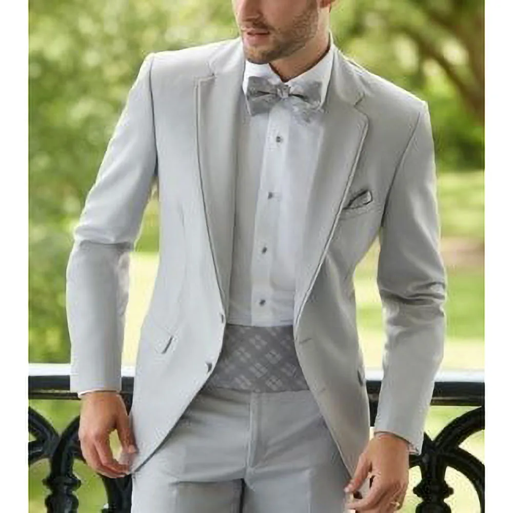 Fashion Grey Men Suits Chic Notch Lapel Slim Fit Male Blazer Casual Beach Wedding Groom Custom Homme 2 Piece Jacket Pants 2023