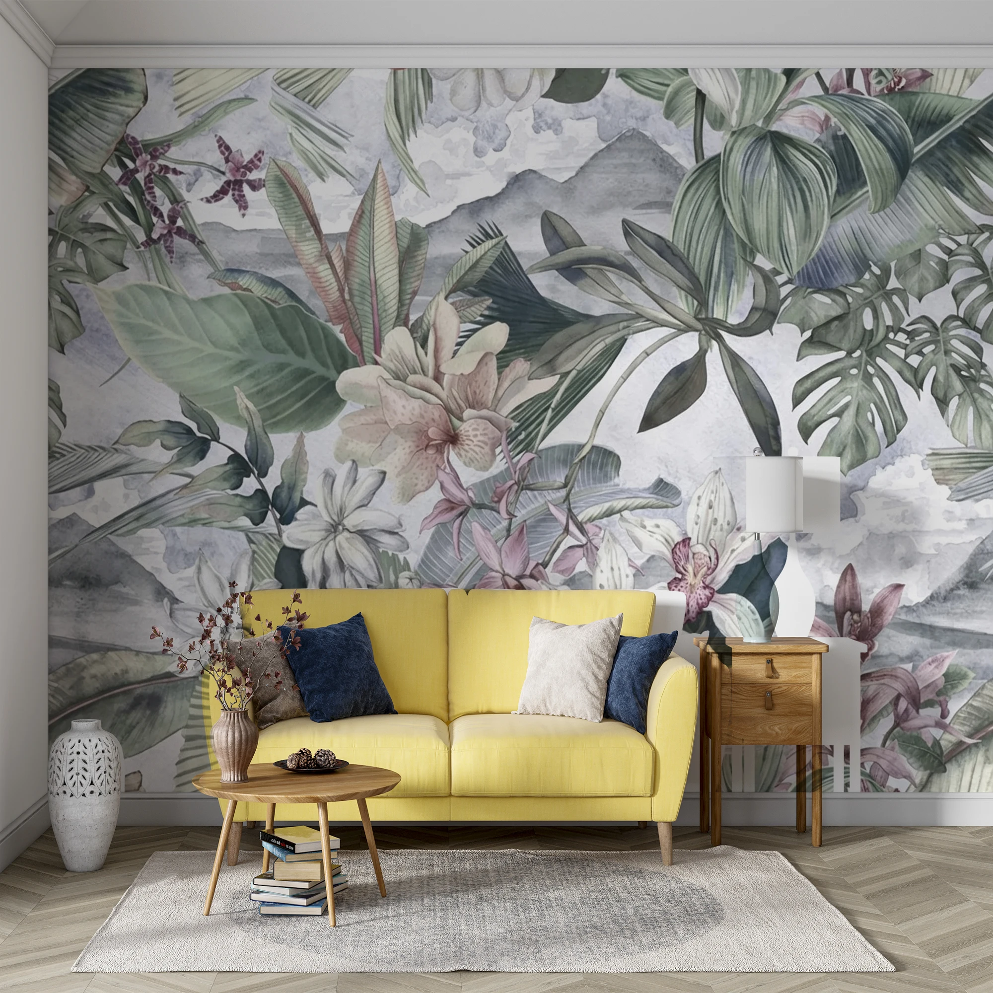 Custom Watercolor Tropical Floral Mural Wallpaper Orchid Monstera Palm Leaf Mountain Wall Paper for Living Room Bedroom Decor