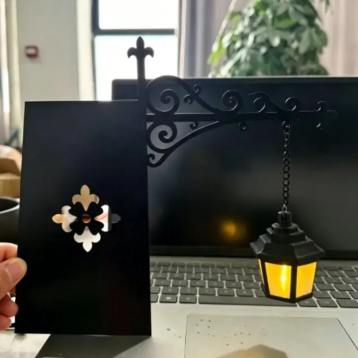 Retro Hanging Street Lamp Wall Decor, Black Metal Scroll Mount LED Night Light, Gothic Vintage Wall Lantern Ornament Book Light