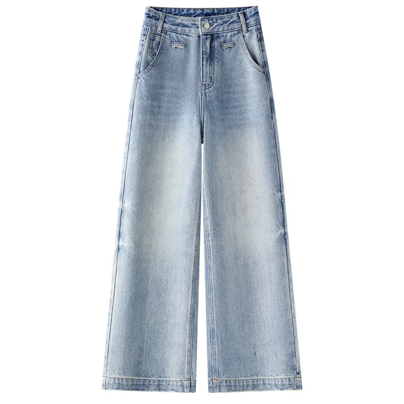 أزياء ضوء اللون واسعة الساق الجينز الخريف الساخن الأمريكية الرجعية عالية الخصر التخسيس فضفاض السراويل المستقيمة #5