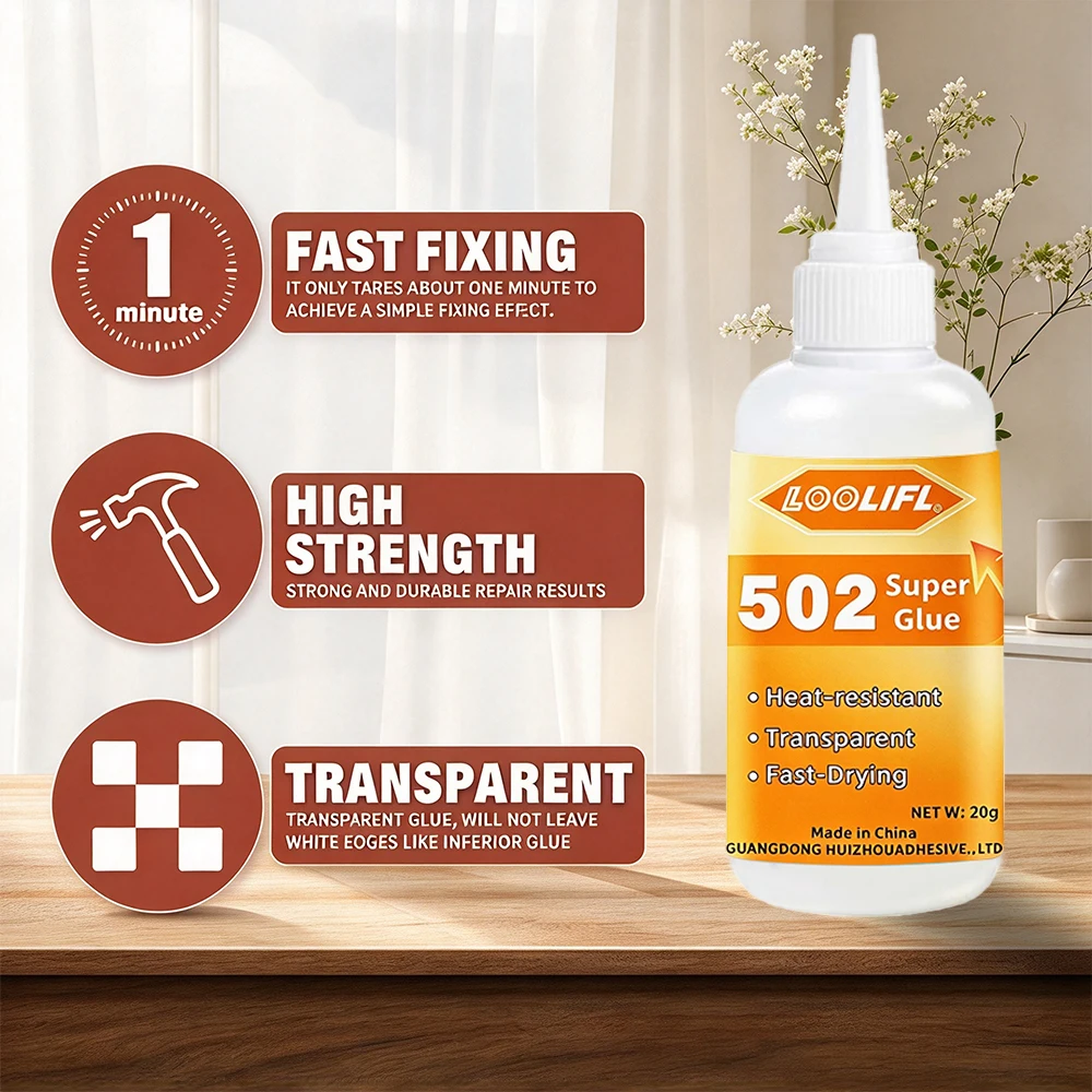 LOOLIFL 502 SuperGlue Fast Drying Transparent Heat Resistant Instant Cyanoacrylate Adhesive with  for Plastic Metal Glass Repair