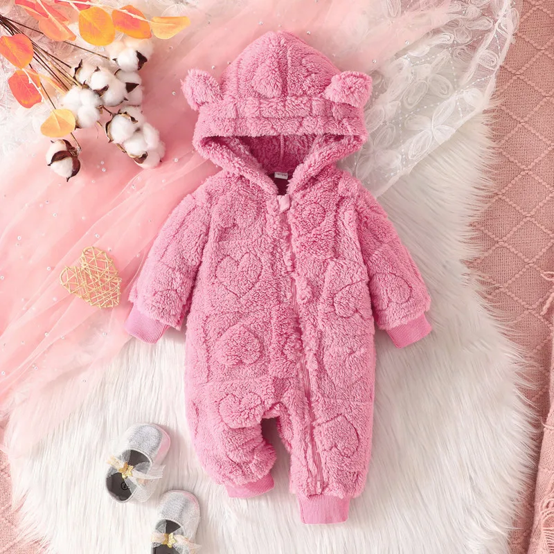 RUEWEY 0 to 18 Months Baby Girls Romper Winter Clothes Solid Color Plush Hooded Long Sleeve Jumpsuits for Newborn Infant