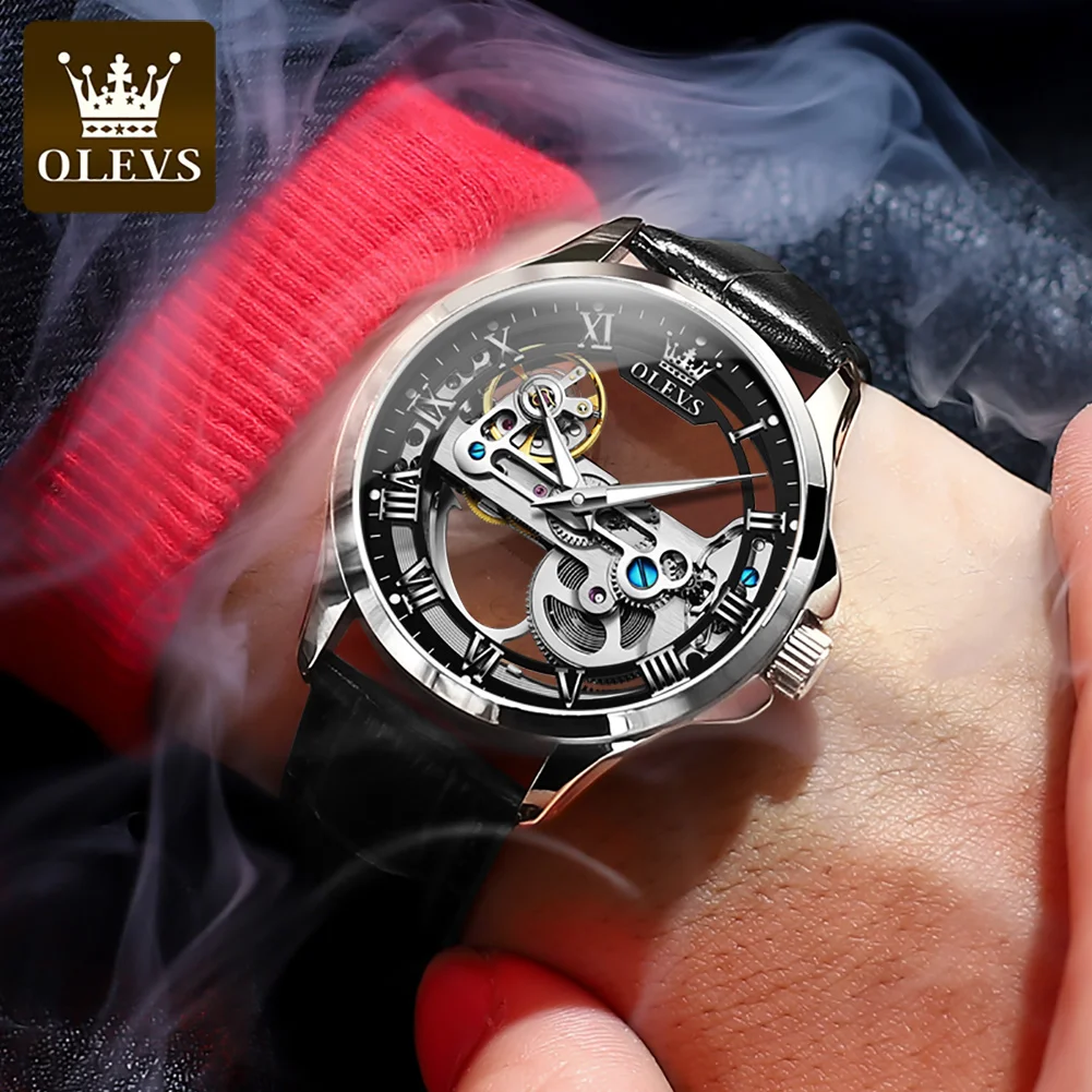 男性用機械式自動巻き時計,OLEVS-6661 ° 透明なスケルトン,革 