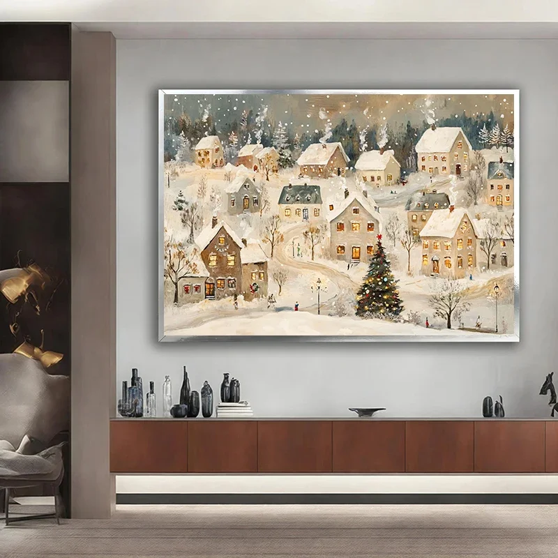 Multiple sizes 1pc frameless Canvas Painting,Vintage Christmas Train Holiday Winter Snow Farmhouse Town  Village Poster Print Ca