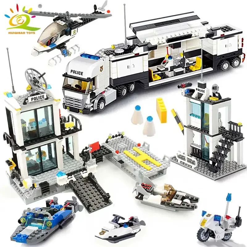 

60141City Police Station Building Blocks Prison Truck Helicopter Boat with Policemen Construction Bricks Toys for Children
