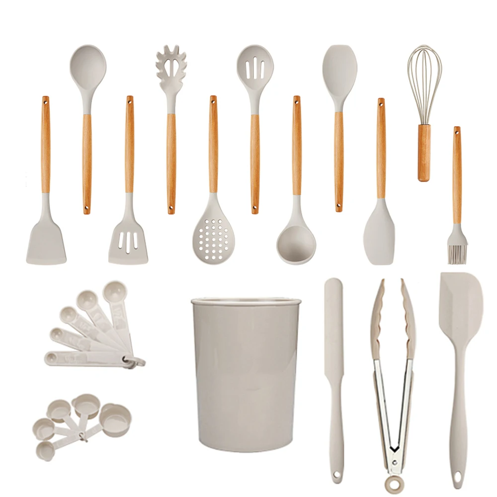 

Набор силиконовых кухонных принадлежностей, набор кухонной утвари, деревянная ручка, 25 шт., термостойкий держатель, пищевой антипригарный кухонный набор