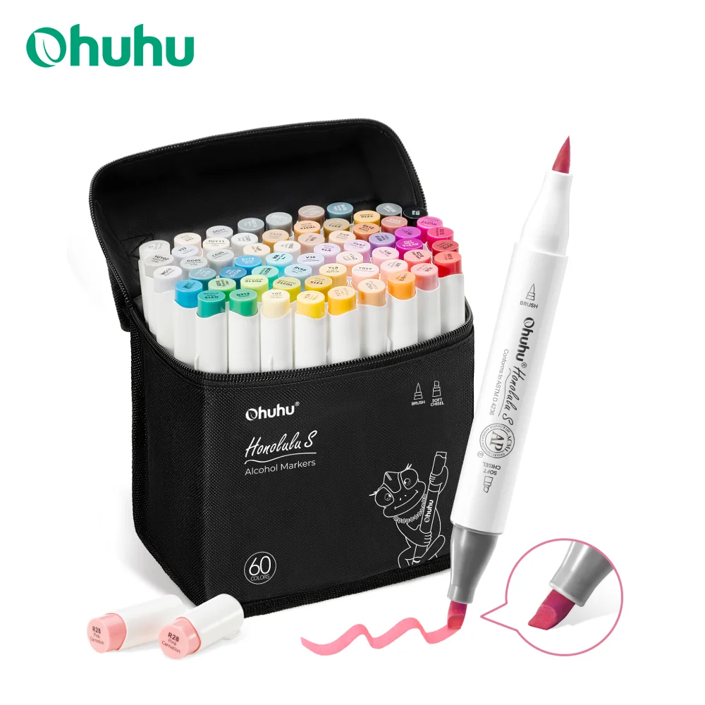 ohuhu-honolulu-s-60-illustrazione-colori-pennarelli-set-pennarelli-artistici-alcol-design-punto-rosso-doppia-punta-schizzi-disegno-colorazione