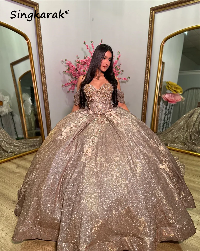 Vestidos De quinceañera brillantes con hombros descubiertos, vestido De baile con cristales y apliques, vestido De fiesta dulce 16, Vestidos De 15