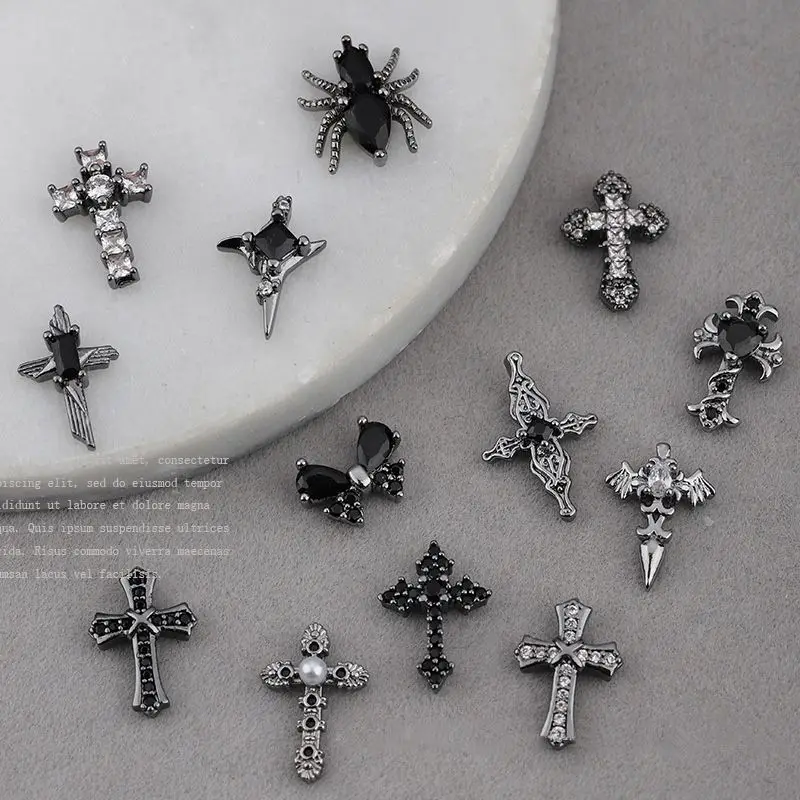 10pcs Halloween Dark Black Cross Butterfly Nail Art Parts zircone Crystal Manicure Nails accessori forniture decorazioni Charms