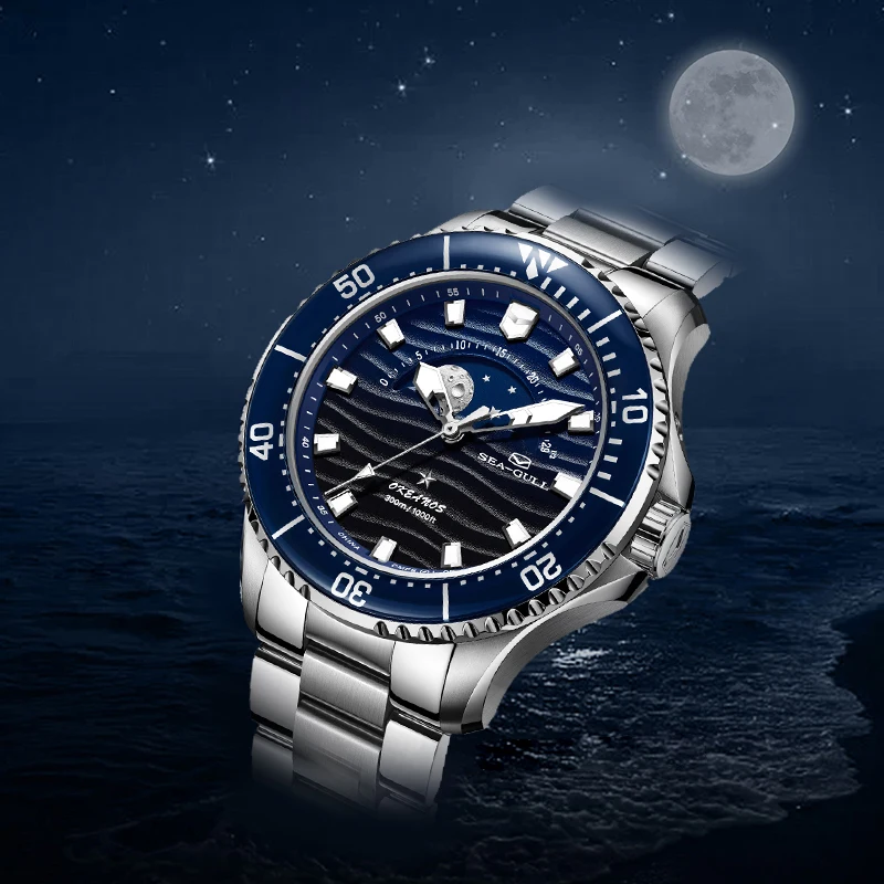 Seagull Ocean Series Men Diving Watch Moonrise Over Sea Diver Automatic Mechanical Watch Moon Phase Wristwatch Luxury Clock 1215