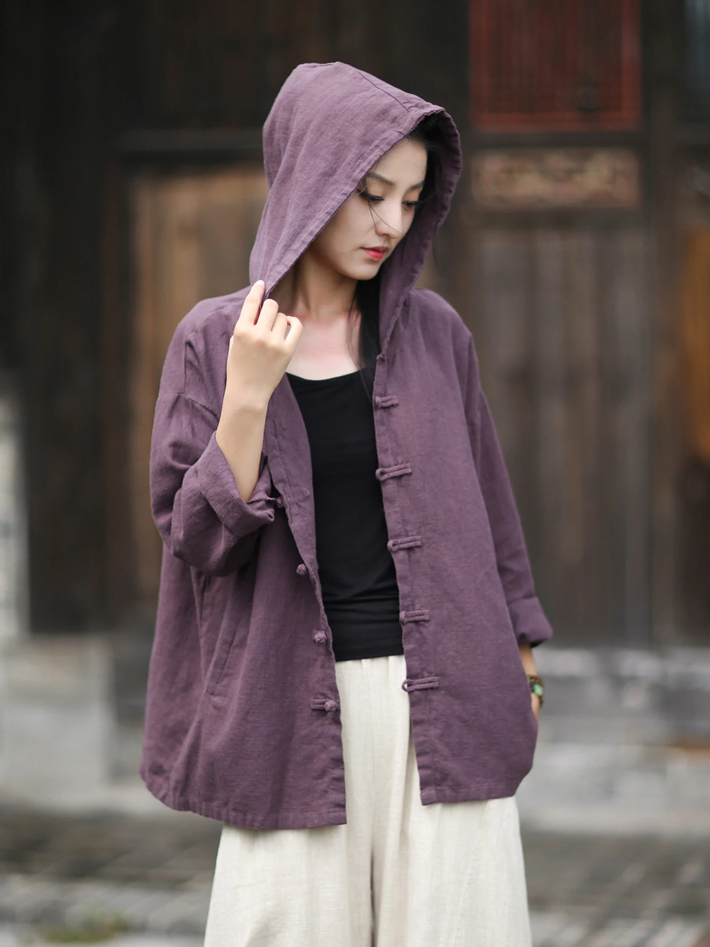 

New Chinese Style Women's Cotton Linen Hooded Jacket 2026 Spring Season High End Buddhism Style Open Cardigan Breathable Skin...