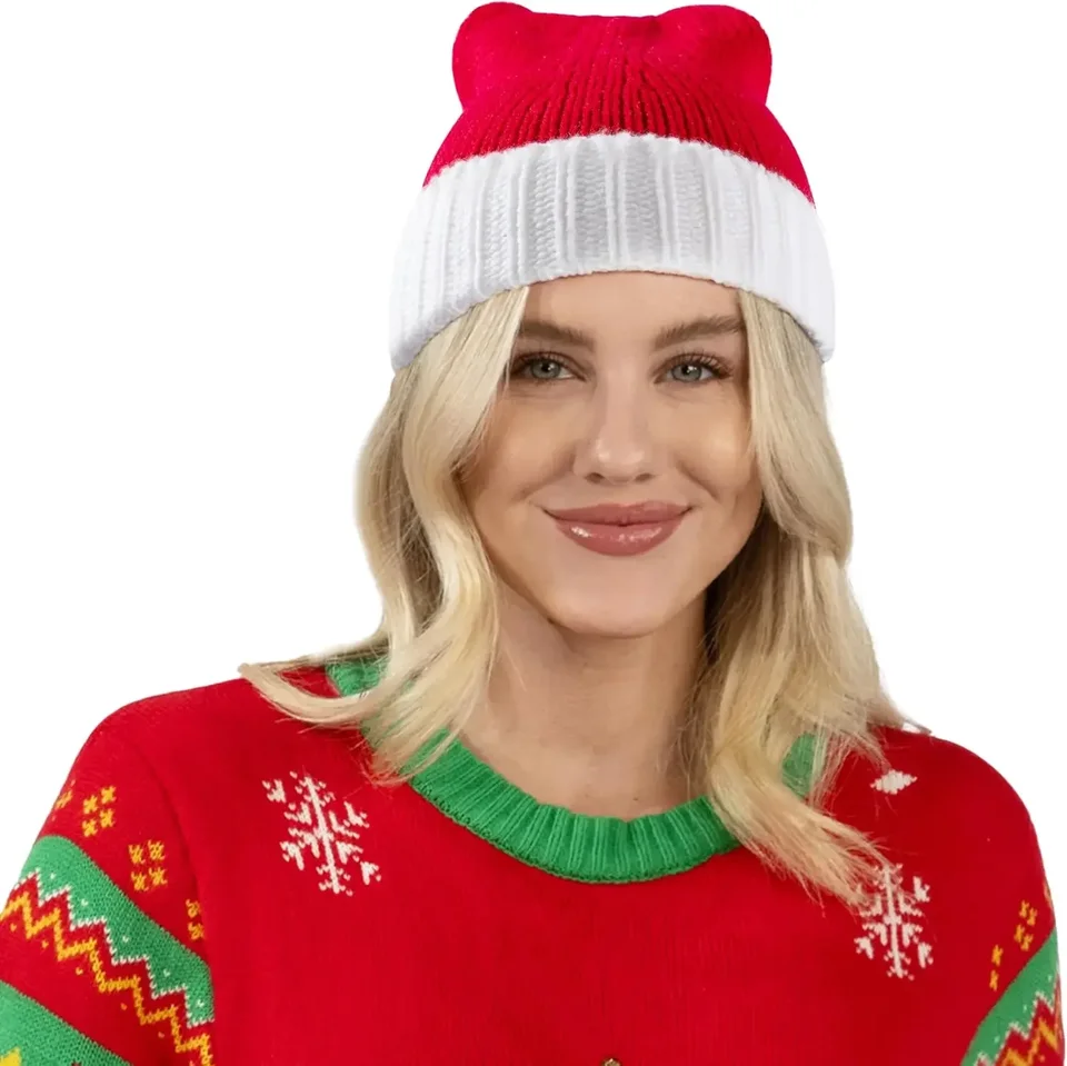 Giggling Getup Santa Hat with Pom Poms, Red Knitted Christmas Hat for Party Dress Up, image 7