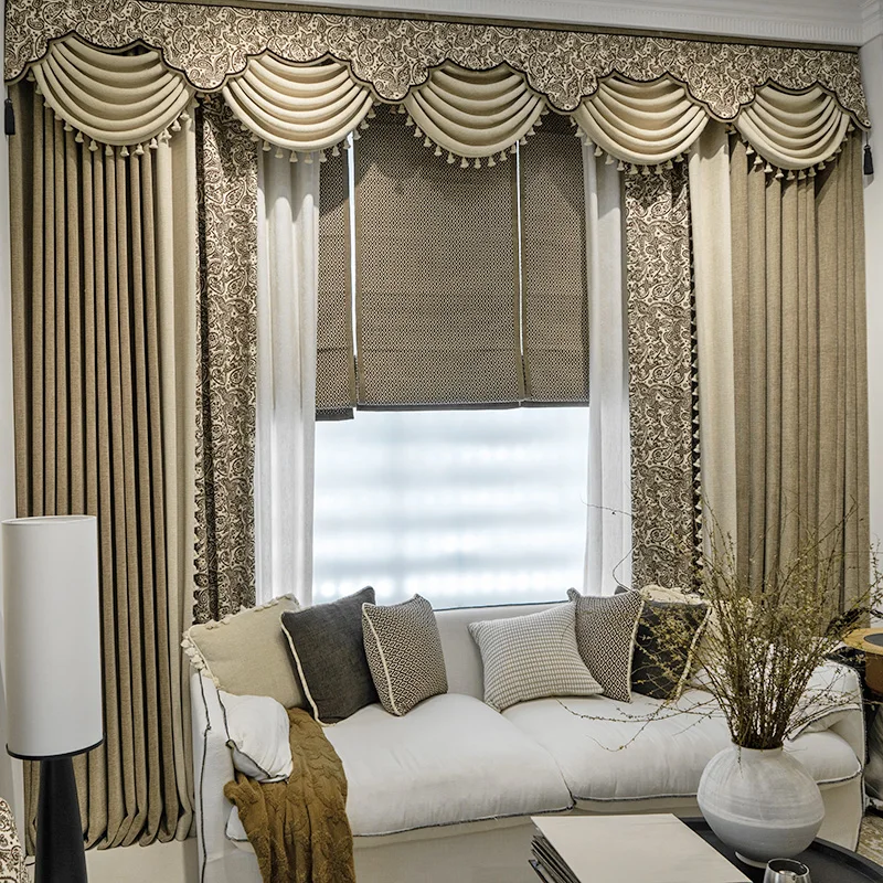 Vintage French Jacquard Beige Thickened Chenille Curtains for Living Room Bedroom Balcony French Window Customized Valance
