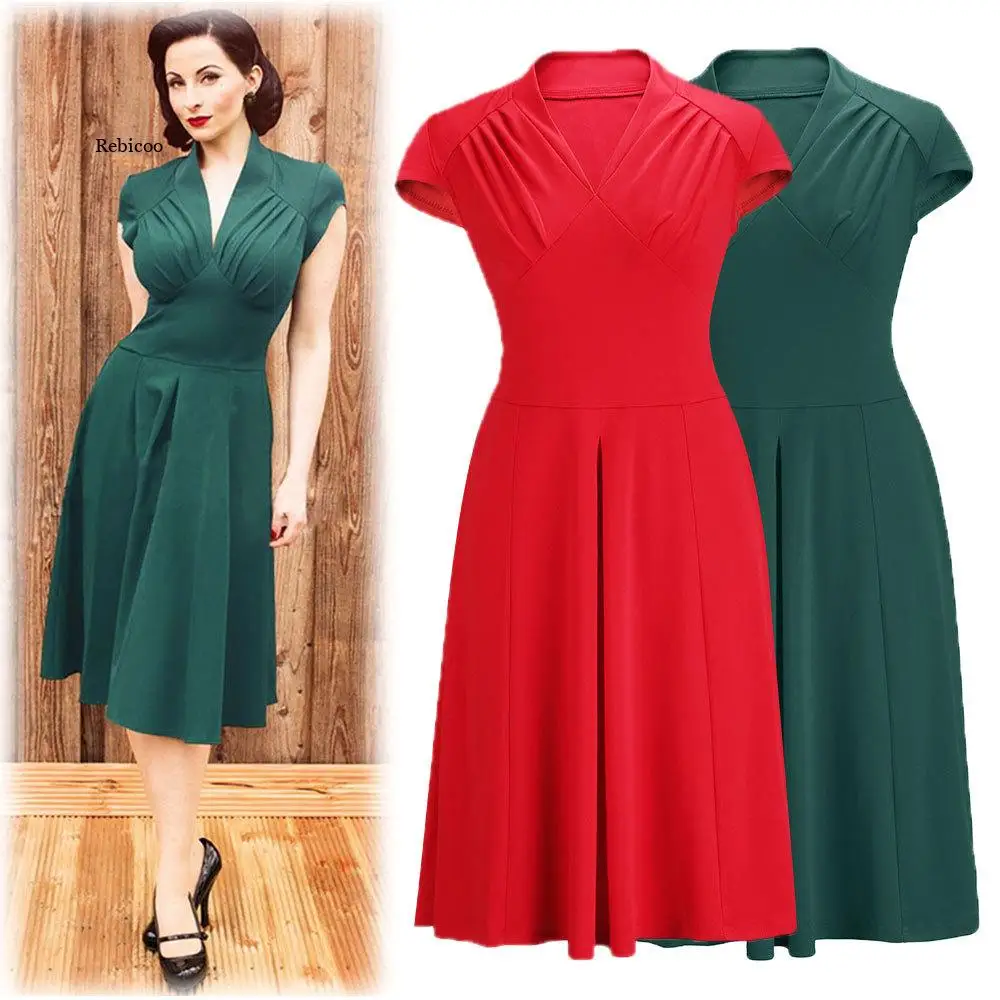 Frauen Vintage Rockabilly Schaukel Kleid Sommer Elegante Geraffte Retro 50s Casual Tunika Abend Party Sexy Büro Kleider