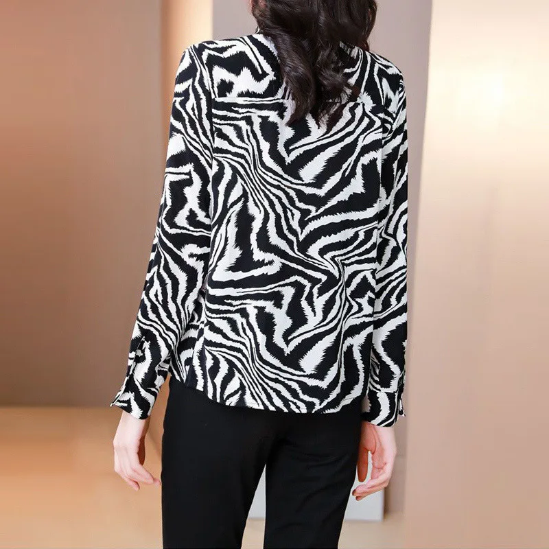 Women Elegant Zebra Print Work Wear Button Chiffon Shirts Spring Autumn Korean Long Sleeve Loose Blouse Top Blusas Mujer De Moda