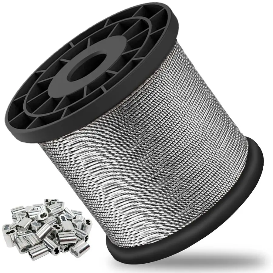 

16 Wire Rope, 1000FT 304 Stainless Steel Cable with 300Pcs Crimp Sleeves, Aircraft Grade, 7x7 Strand, 368lbs Breaking Strength,