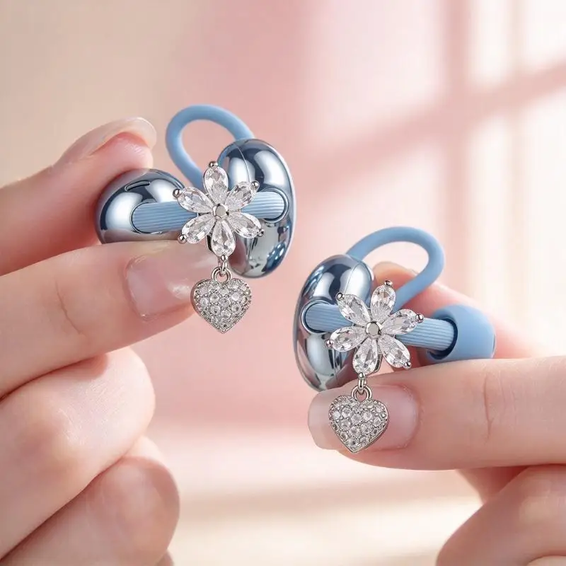 2Piece Bluetooth-Compatible Earbud Charm Ornaments Pair, Flower-and-Heart Pattern Charm with Clear Detail, Silver-Tone F19E