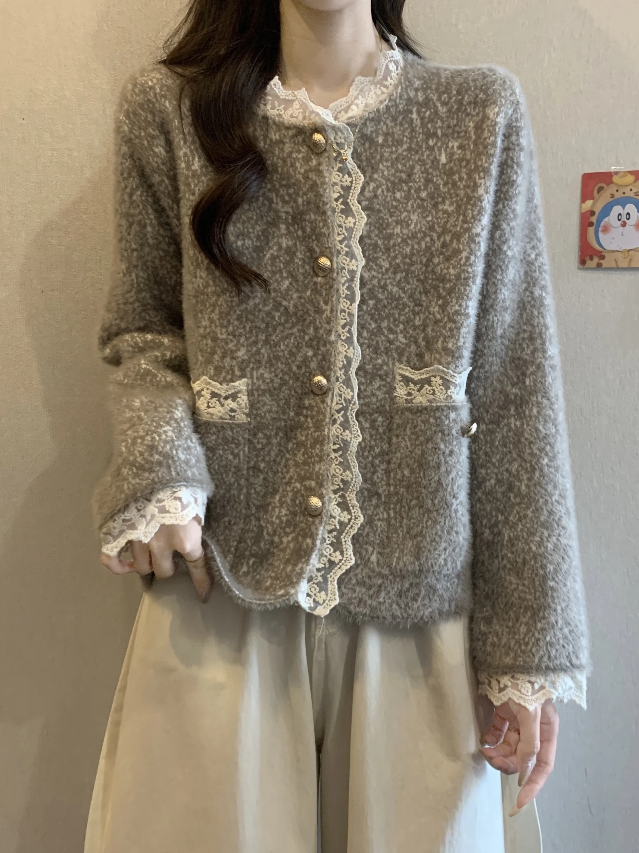 

plus Size ey Lamb Fur Jaet Women's Autumn Winter ort Lace Trimmed Versatile Inner Wear Straight Cut French Sle Coat